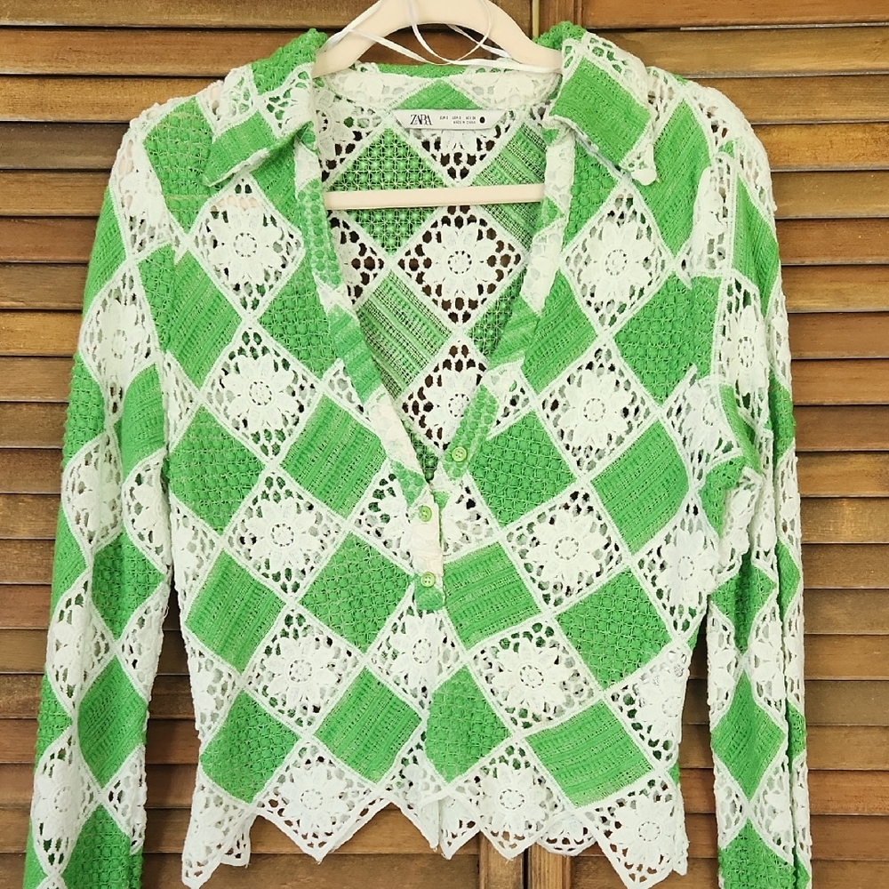 Zara Crochet Top Y2K Cottagecore Summer Green White Feminine Long Sleeve